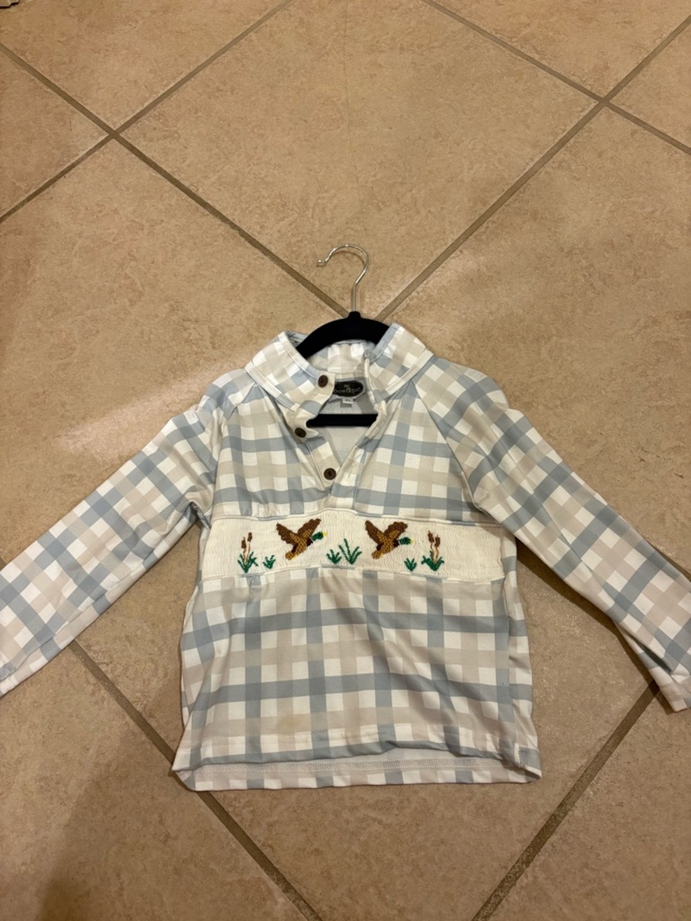 Plaid Embroidered Duck Pullover Shirt - Light Blue & Cream - Kids